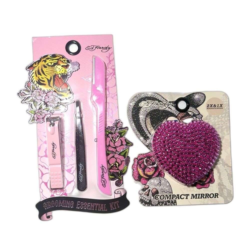 ED HARDY Bundle Pink Grooming Essential Kit w/2X/1X Mirror, Clipper, Tweezer